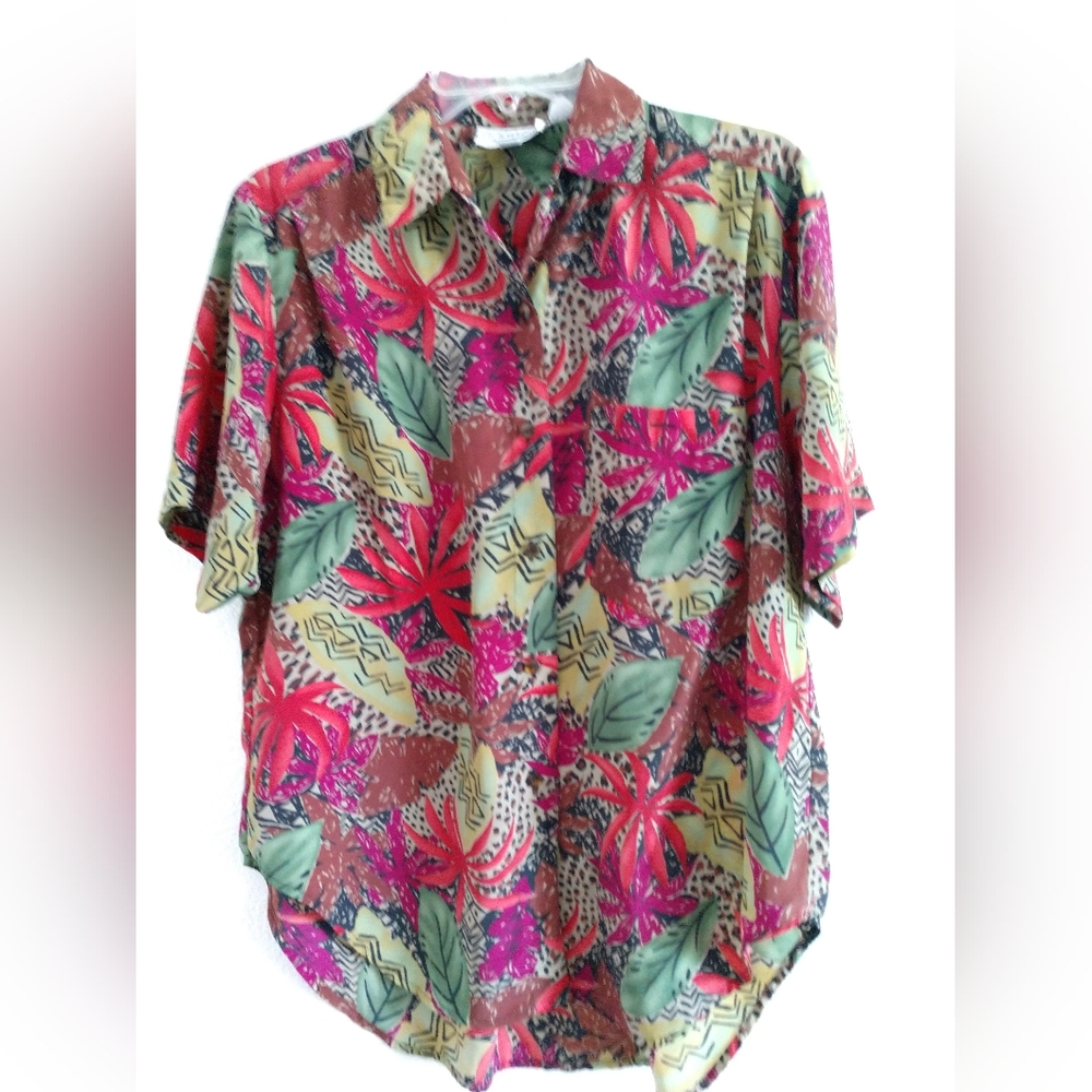 Vintage Liquid Silk Womens Floral Blouse Shirt Multicolor & Animal Print Size 10